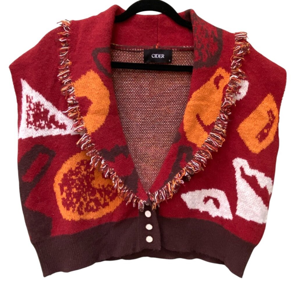 Cider Red Fruit Print Fringe Trim Cropped Sweater Vest Button Front Whimsical-S